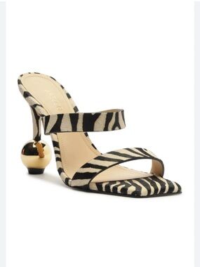 Gianna Zebra-Print Double-Strap Sandal with Gold Ball Heel - Black & Cream